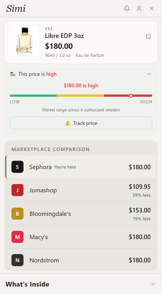 Earlier Simi demo detail: retailer comparison rows. Illustrative prices, not live offers.